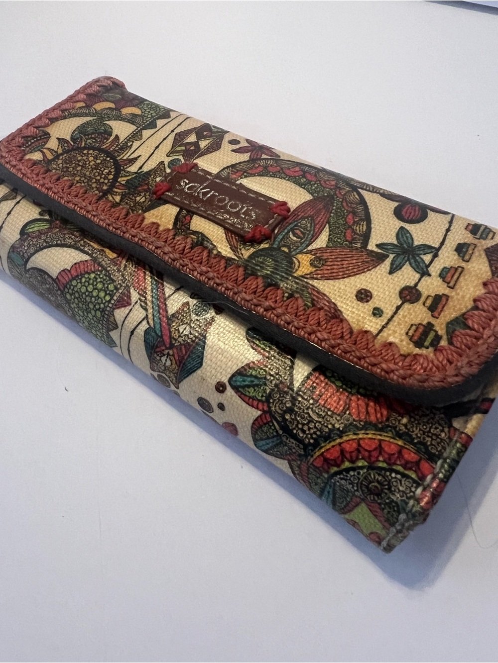 Sakroots Embroidered Floral Coated Canvas Wallet in Beige, Green, Rust A1